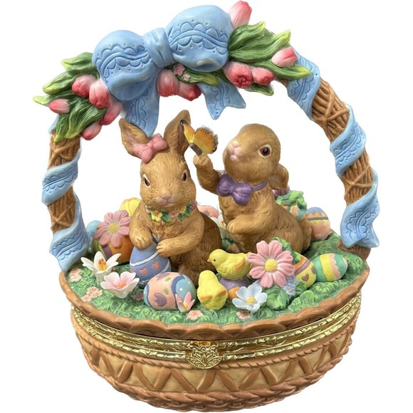 Porcelain Easter Basket Large Trinket Box with Bunnies and Flowers in Box - Picture 1 of 10